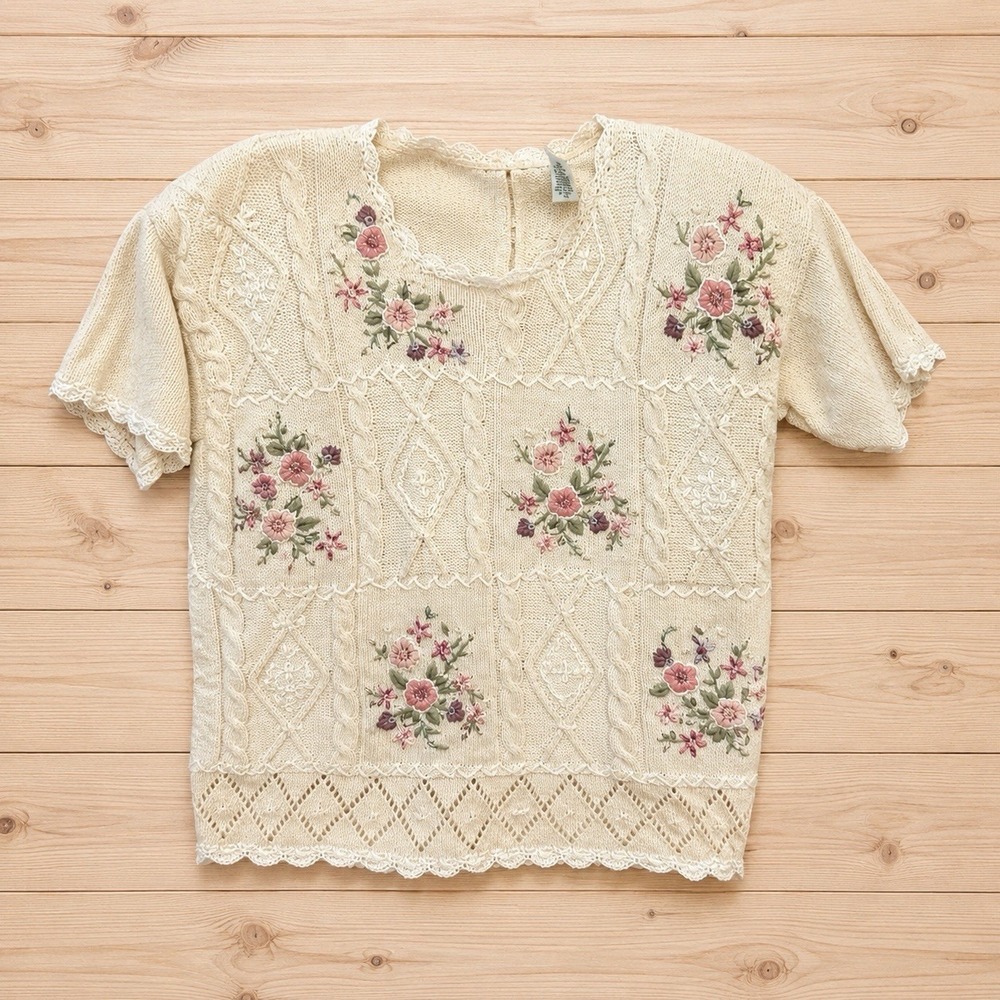 Vintage Yarnworks Women's Small Cream Floral Embroidered Cable Knit Sweater [Z]